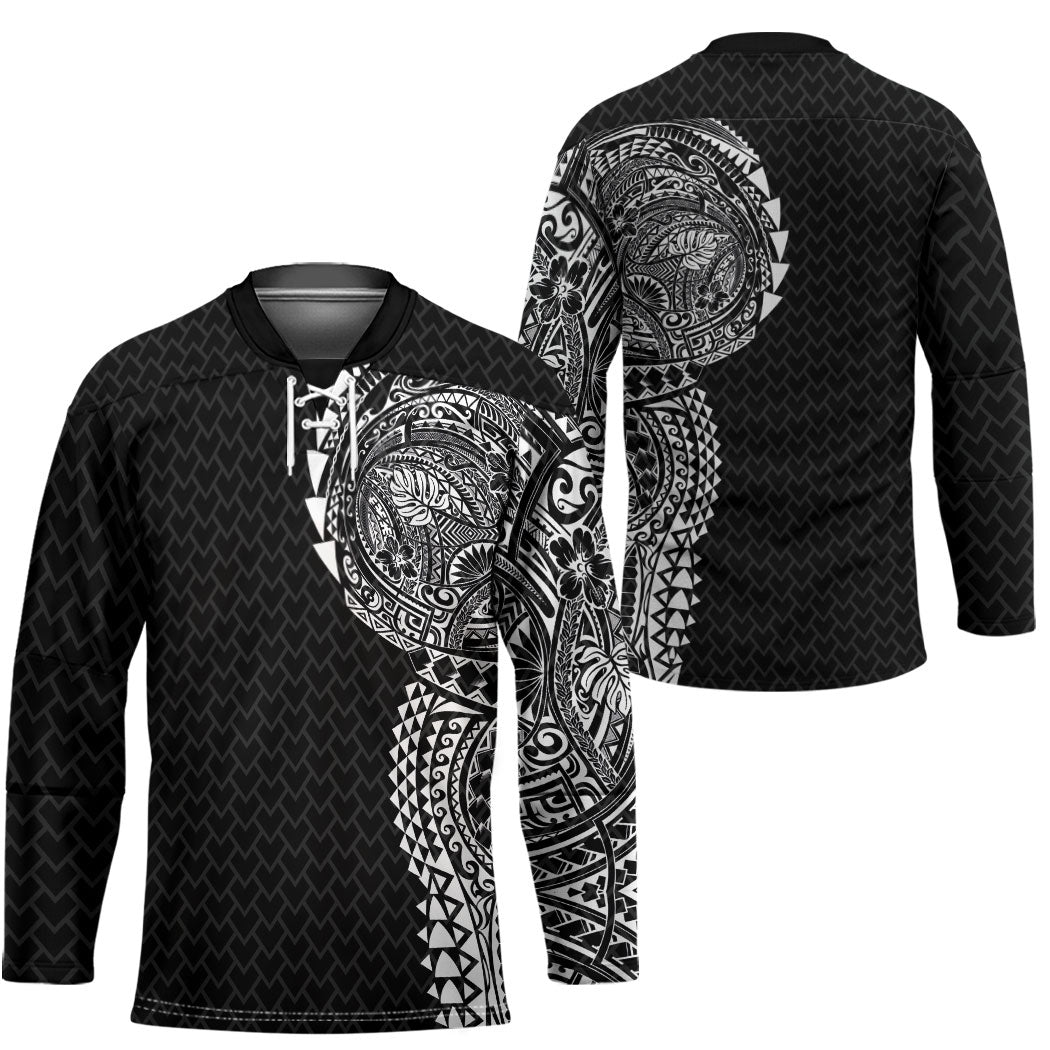 Hawaiian Traditional Tattoos Hockey Jersey Kakau Tribal Tropical Plant Motif Black Color LT03 - Polynesian Pride
