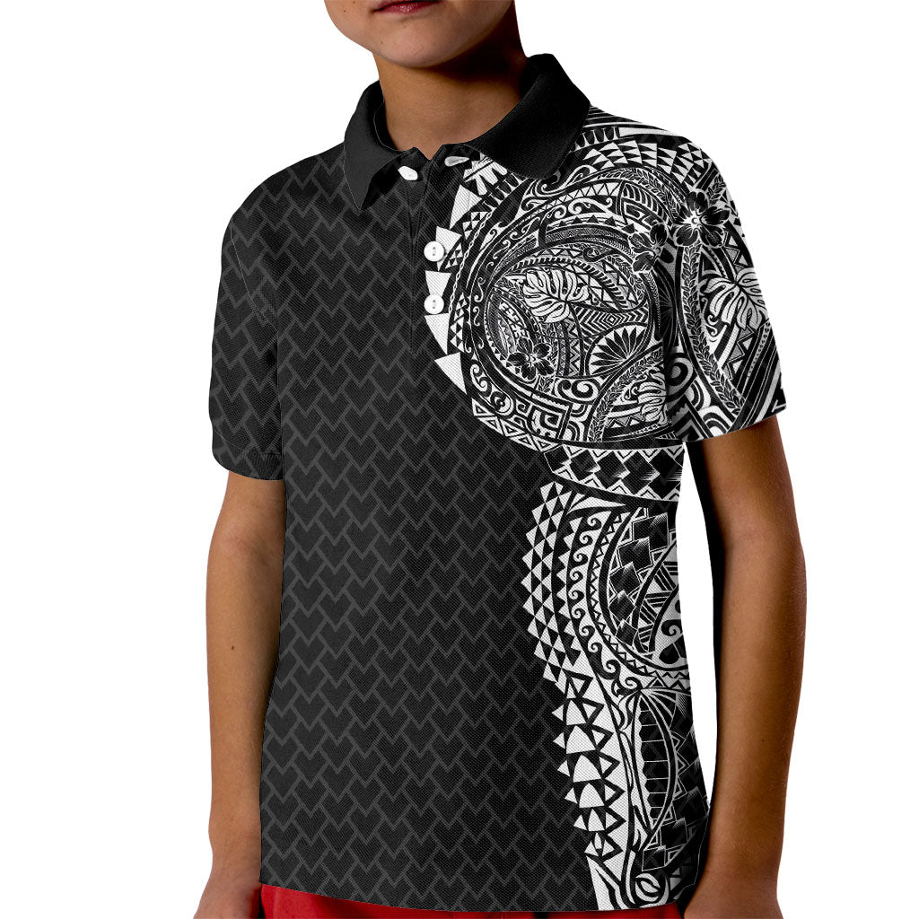 Hawaiian Traditional Tattoos Kid Polo Shirt Kakau Tribal Tropical Plant Motif Black Color LT03 Kid Black - Polynesian Pride