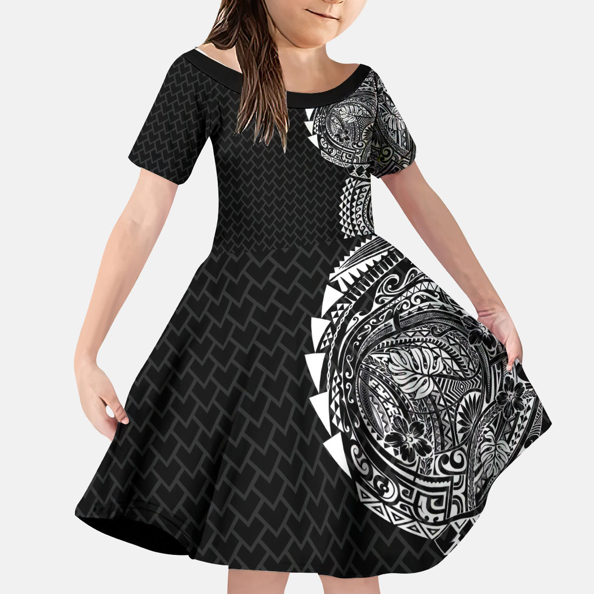 Hawaiian Traditional Tattoos Kid Short Sleeve Dress Kakau Tribal Tropical Plant Motif Black Color