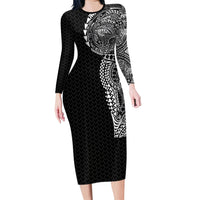 Hawaiian Traditional Tattoos Long Sleeve Bodycon Dress Kakau Tribal Tropical Plant Motif Black Color LT03 Long Dress Black - Polynesian Pride