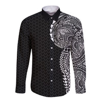 Hawaiian Traditional Tattoos Long Sleeve Button Shirt Kakau Tribal Tropical Plant Motif Black Color LT03 Unisex Black - Polynesian Pride