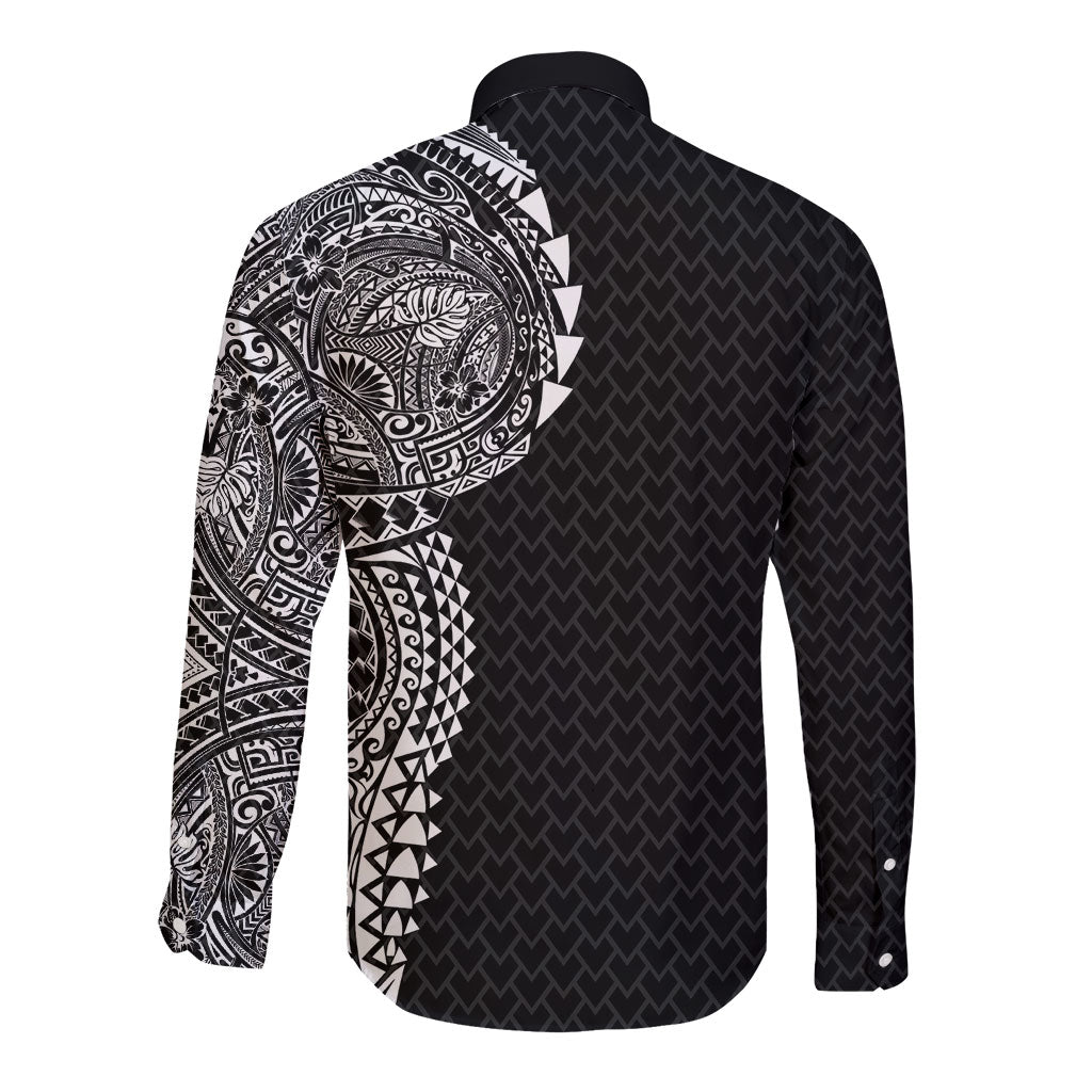 Hawaiian Traditional Tattoos Long Sleeve Button Shirt Kakau Tribal Tropical Plant Motif Black Color LT03 - Polynesian Pride