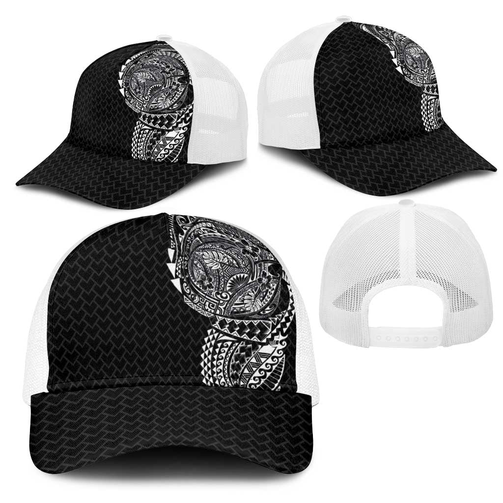 Hawaiian Traditional Tattoos Mesh Trucker Cap Kakau Tribal Tropical Plants Motif Black Color
