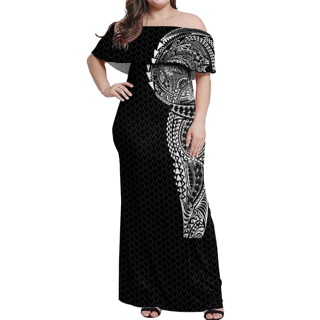 Hawaiian Traditional Tattoos Off Shoulder Maxi Dress Kakau Tribal Tropical Plant Motif Black Color LT03 Women Black - Polynesian Pride