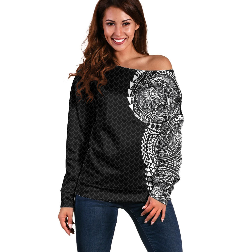 Hawaiian Traditional Tattoos Off Shoulder Sweater Kakau Tribal Tropical Plant Motif Black Color