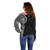Hawaiian Traditional Tattoos Off Shoulder Sweater Kakau Tribal Tropical Plant Motif Black Color