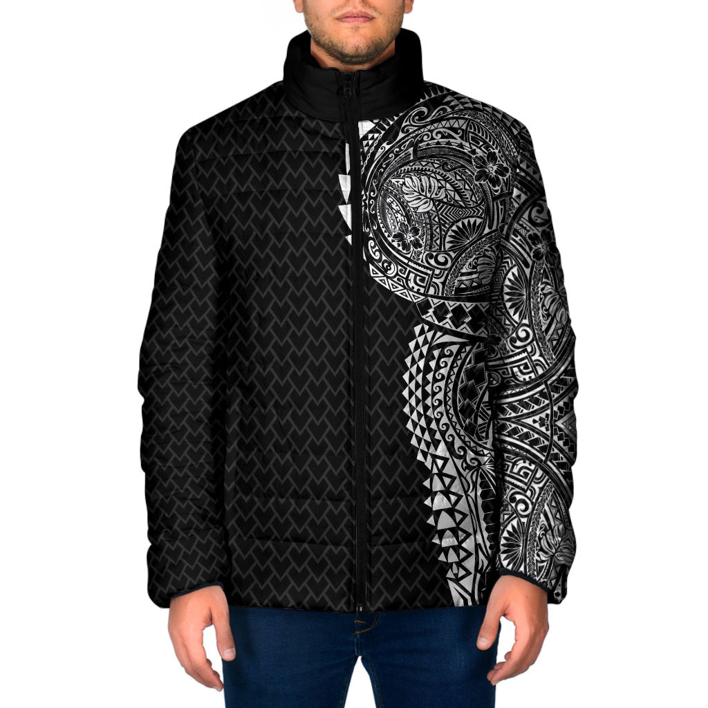 Hawaiian Traditional Tattoos Padded Jacket Kakau Tribal Tropical Plant Motif Black Color