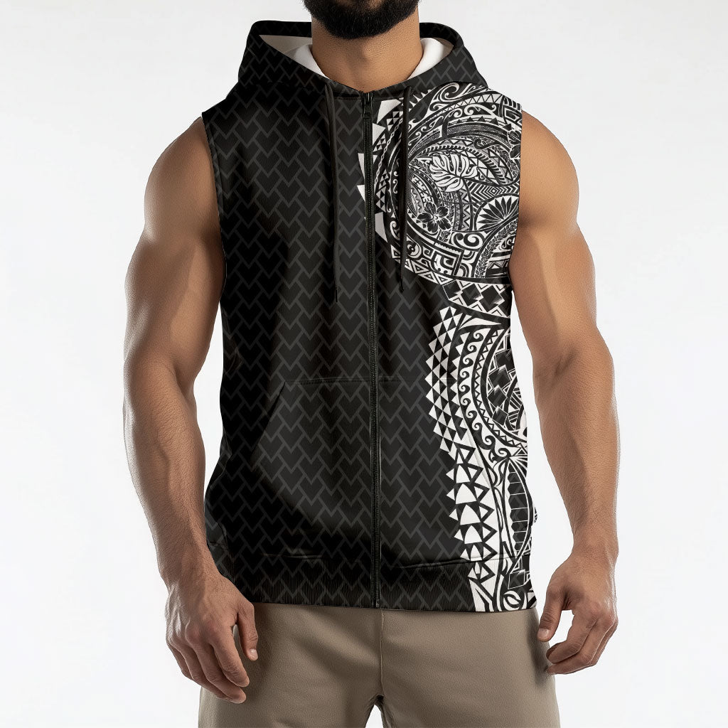 Hawaiian Traditional Tattoos Sleeveless Zip Hoodie Kakau Tribal Tropical Plant Motif Black Color LT03 - Polynesian Pride