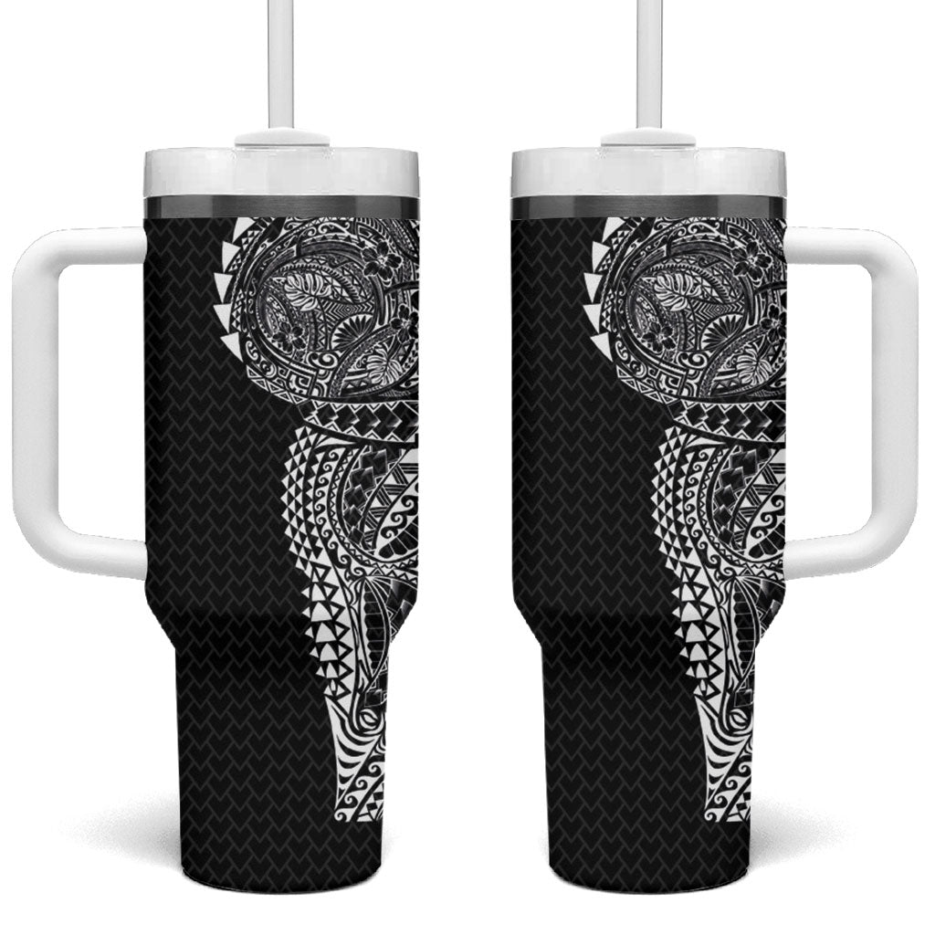 Hawaiian Traditional Tattoos Tumbler With Handle Kakau Tribal Tropical Plant Motif Black Color