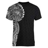 Hawaiian Traditional Tattoos Women V-Neck T-Shirt Kakau Tribal Tropical Plant Motif Black Color