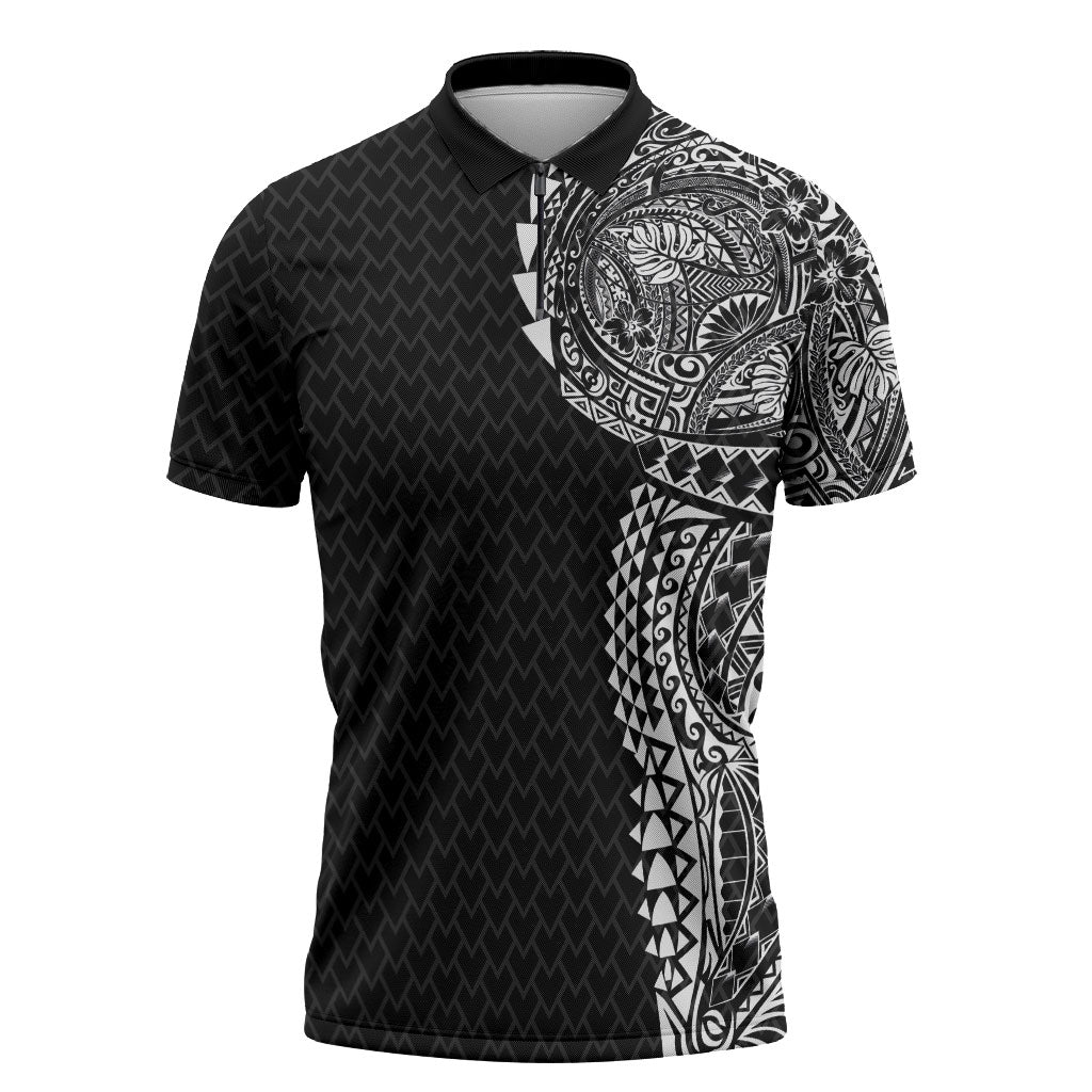 Hawaiian Traditional Tattoos Zipper Polo Shirt Kakau Tribal Tropical Plant Motif Black Color LT03 Black - Polynesian Pride