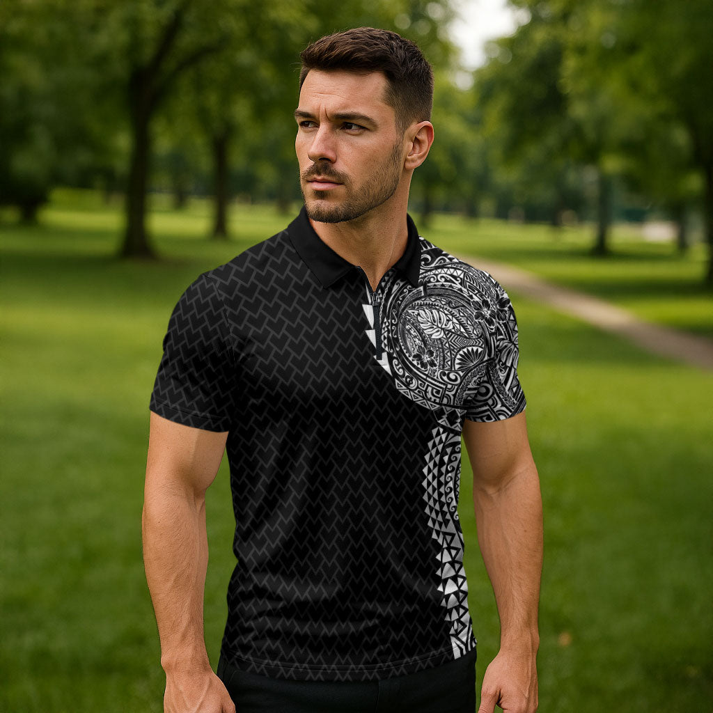 Hawaiian Traditional Tattoos Zipper Polo Shirt Kakau Tribal Tropical Plant Motif Black Color LT03 - Polynesian Pride