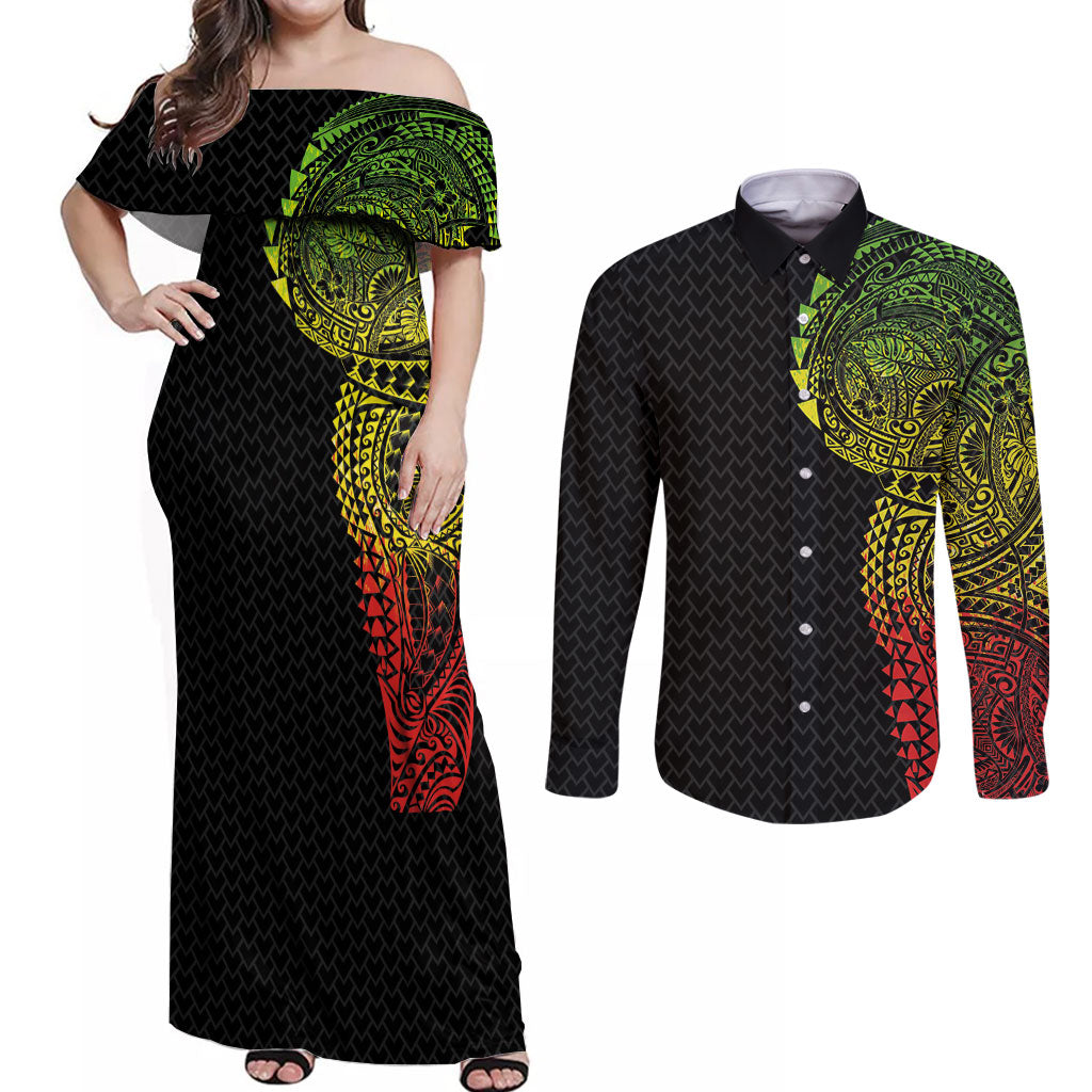 Hawaiian Traditional Tattoos Couples Matching Off Shoulder Maxi Dress and Long Sleeve Button Shirt Kakau Tribal Tropical Plant Motif Kanaka Maoli Flag Color Inspired