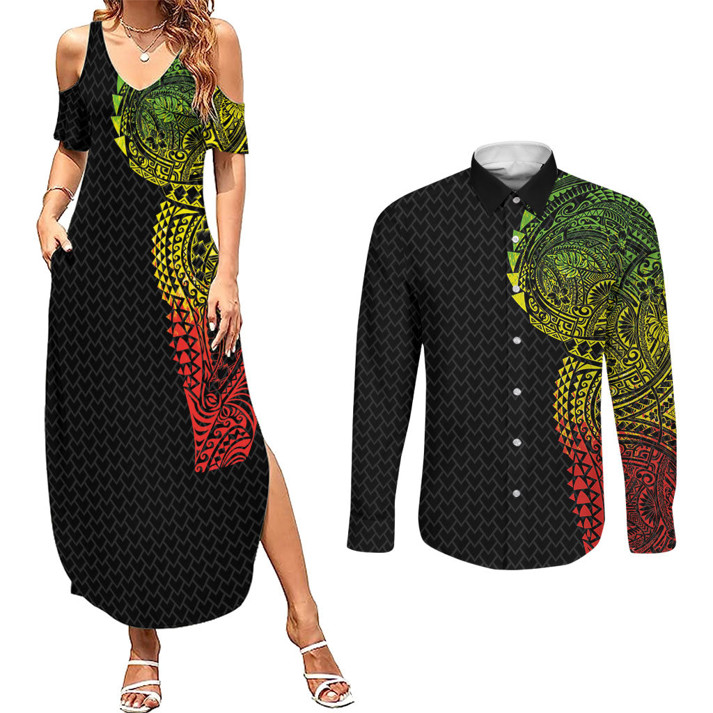 Hawaiian Traditional Tattoos Couples Matching Summer Maxi Dress and Long Sleeve Button Shirt Kakau Tribal Tropical Plant Motif Kanaka Maoli Flag Color Inspired