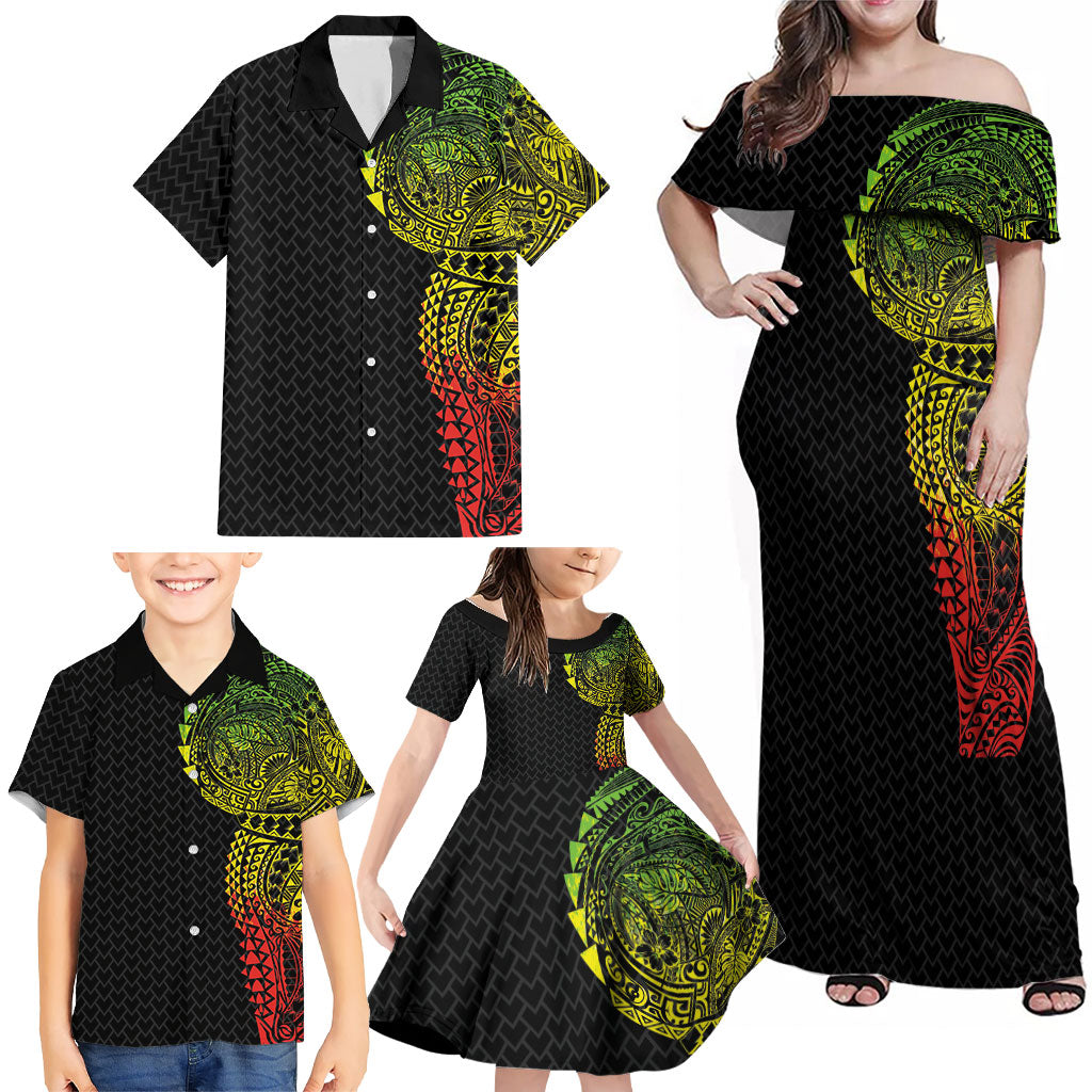 Hawaiian Traditional Tattoos Family Matching Off Shoulder Maxi Dress and Hawaiian Shirt Kakau Tribal Tropical Plant Motif Kanaka Maoli Flag Color Inspired