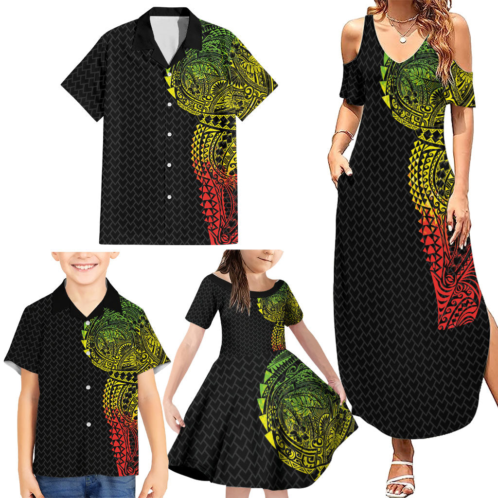 Hawaiian Traditional Tattoos Family Matching Summer Maxi Dress and Hawaiian Shirt Kakau Tribal Tropical Plant Motif Kanaka Maoli Flag Color Inspired