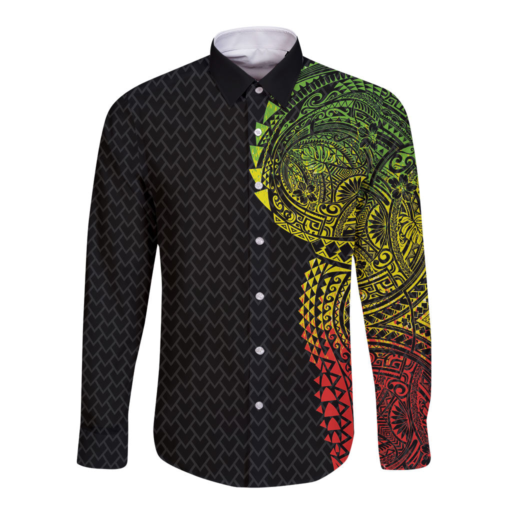 Hawaiian Traditional Tattoos Long Sleeve Button Shirt Kakau Tribal Tropical Plant Motif Kanaka Maoli Flag Color Inspired