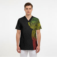 Hawaiian Traditional Tattoos Scrub Top Kakau Tribal Tropical Plant Motif Kanaka Maoli Flag Color Inspired LT03 - Polynesian Pride