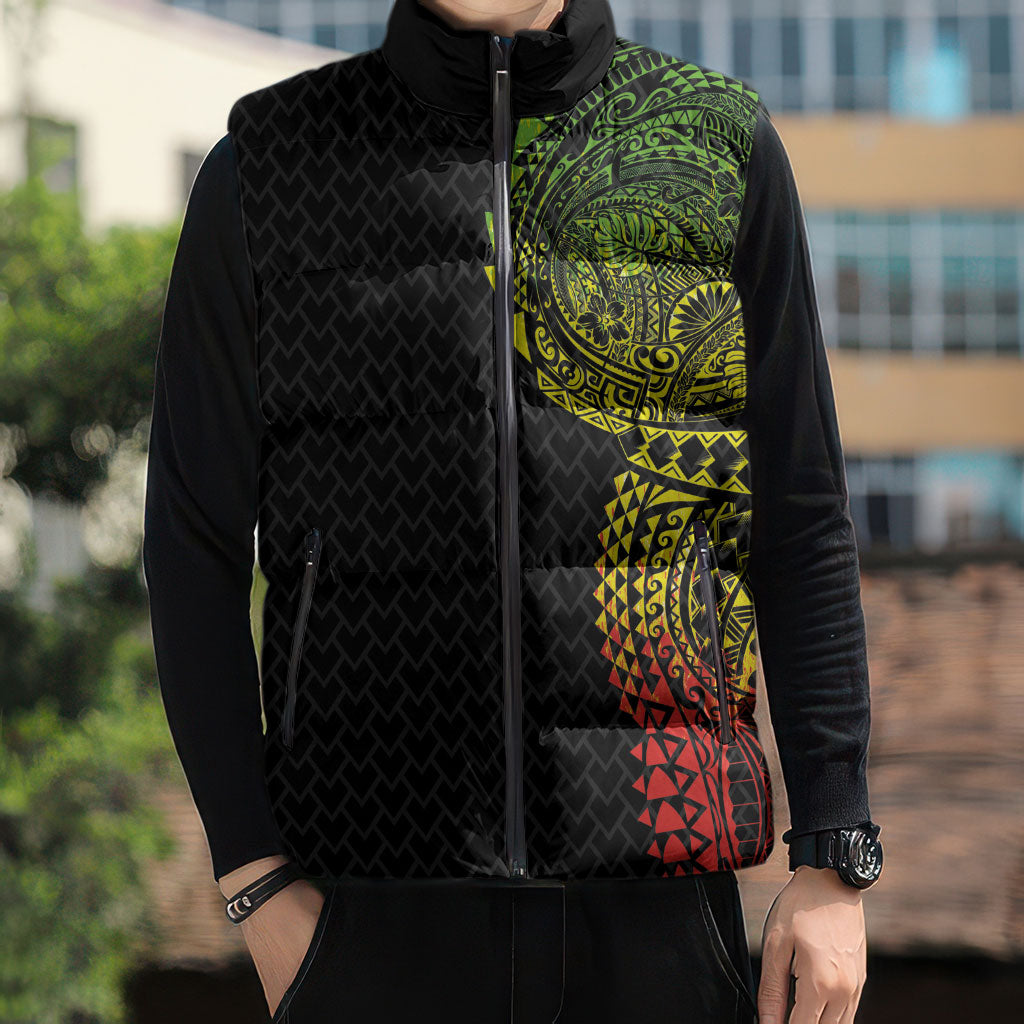 Hawaiian Traditional Tattoos Sleeveless Puffer Jacket Kakau Tribal Tropical Plant Motif Kanaka Maoli Flag Color Inspired LT03 - Polynesian Pride
