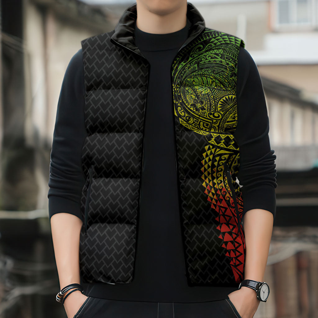 Hawaiian Traditional Tattoos Sleeveless Puffer Jacket Kakau Tribal Tropical Plant Motif Kanaka Maoli Flag Color Inspired LT03 - Polynesian Pride