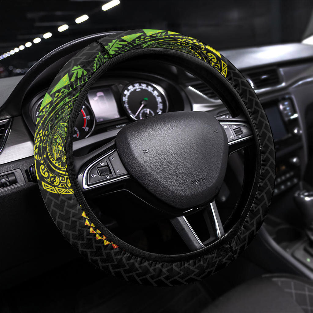 Hawaiian Traditional Tattoos Steering Wheel Cover Kakau Tribal Tropical Plant Motif Kanaka Maoli Flag Color Inspired LT03 Universal Fit Multicolor - Polynesian Pride