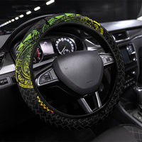 Hawaiian Traditional Tattoos Steering Wheel Cover Kakau Tribal Tropical Plant Motif Kanaka Maoli Flag Color Inspired LT03 Universal Fit Multicolor - Polynesian Pride