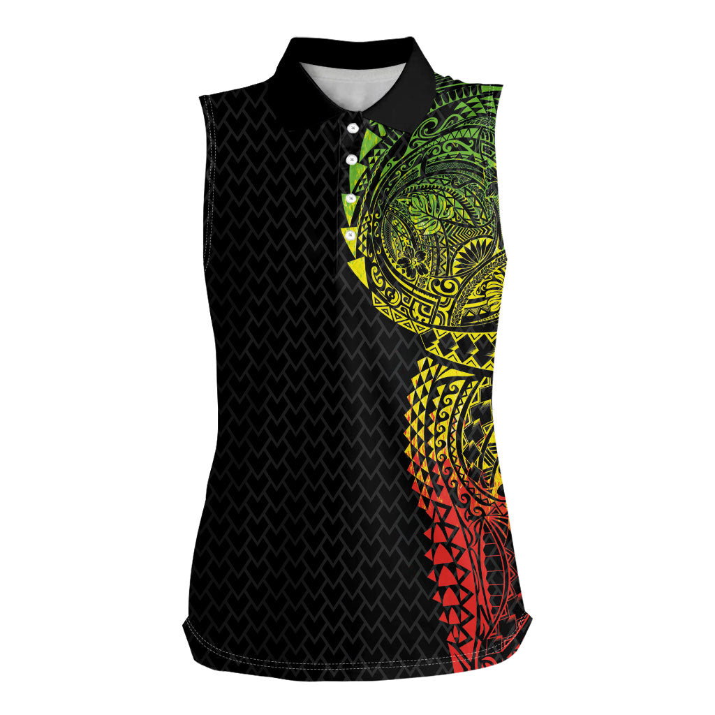 Hawaiian Traditional Tattoos Women Sleeveless Polo Shirt Kakau Tribal Tropical Plant Motif Kanaka Maoli Flag Color Inspired
