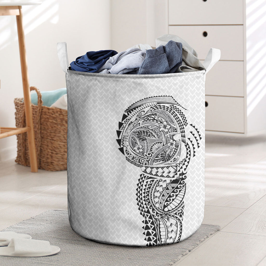 Hawaiian Traditional Tattoos Laundry Basket Kakau Tribal Tropical Plant Motif White Color