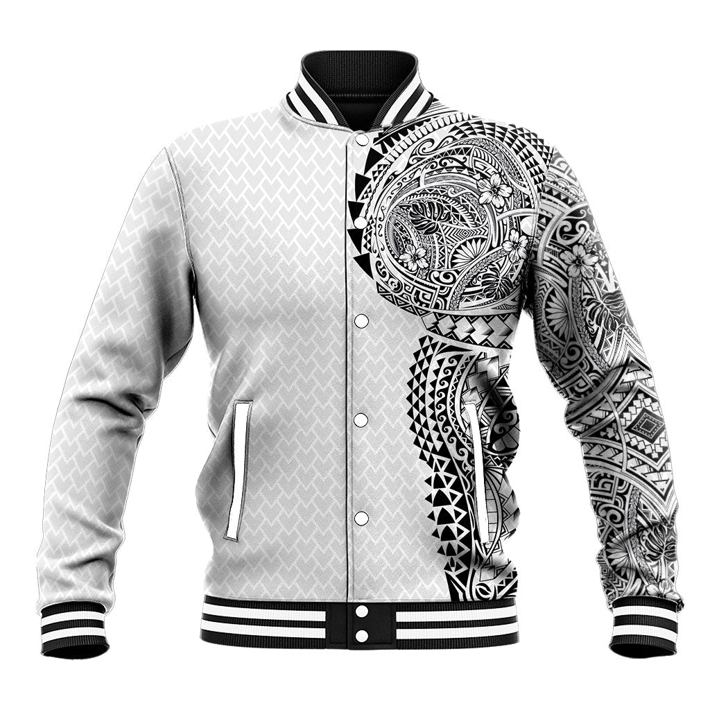 Hawaiian Traditional Tattoos Baseball Jacket Kakau Tribal Tropical Plant Motif White Color