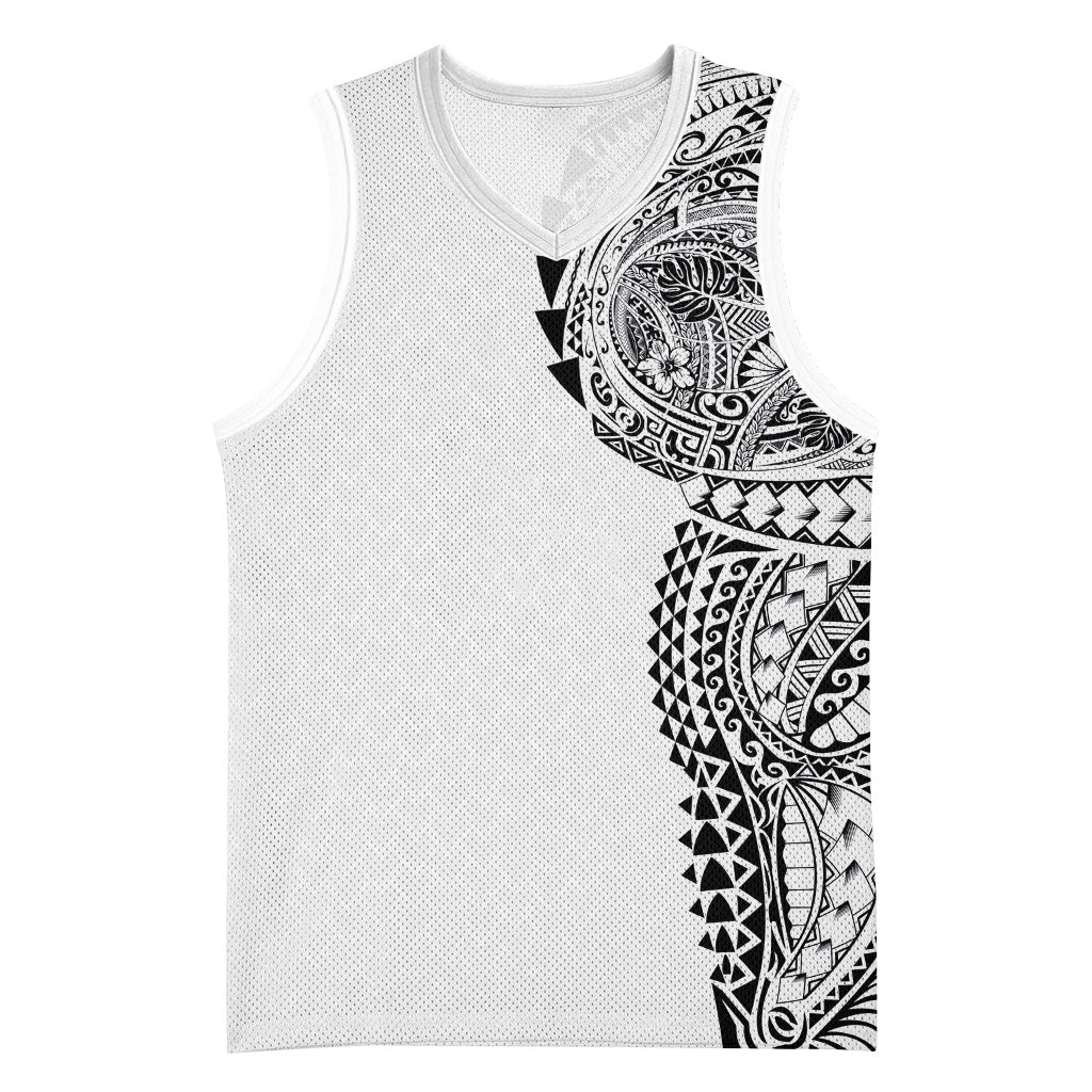 Hawaiian Traditional Tattoos Basketball Jersey Kakau Tribal Tropical Plant Motif White Color