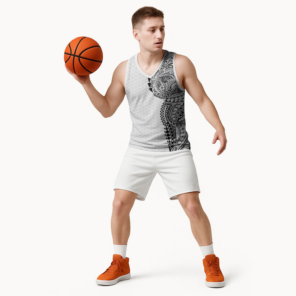 Hawaiian Traditional Tattoos Basketball Jersey Kakau Tribal Tropical Plant Motif White Color LT03 - Polynesian Pride