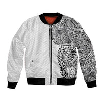 Hawaiian Traditional Tattoos Bomber Jacket Kakau Tribal Tropical Plant Motif White Color