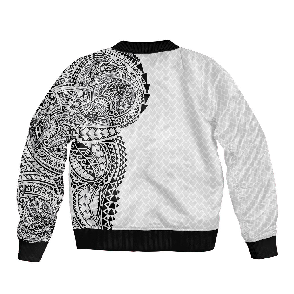 Hawaiian Traditional Tattoos Bomber Jacket Kakau Tribal Tropical Plant Motif White Color