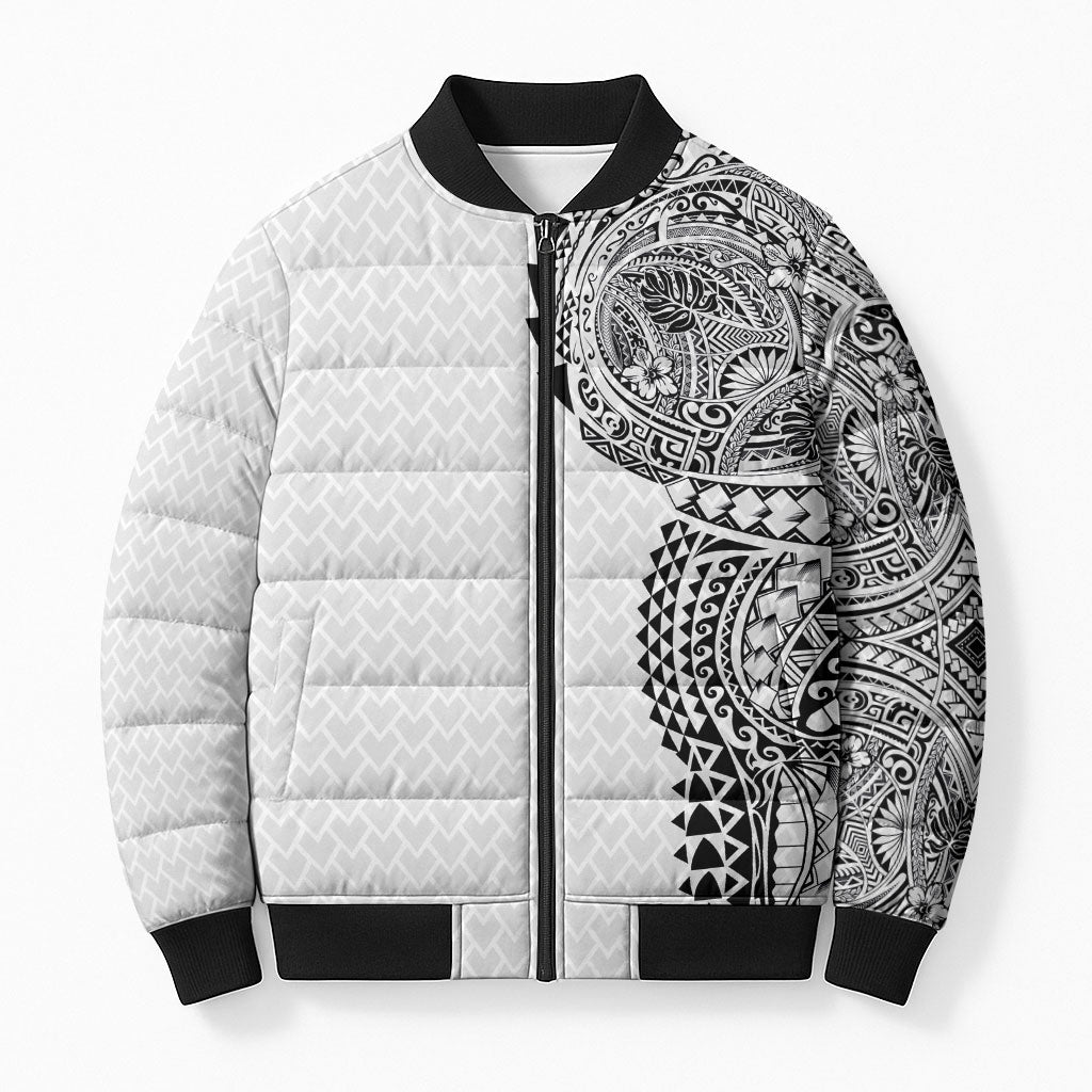 Hawaiian Traditional Tattoos Bomber Puffer Jacket Kakau Tribal Tropical Plant Motif White Color LT03 Unisex White - Polynesian Pride
