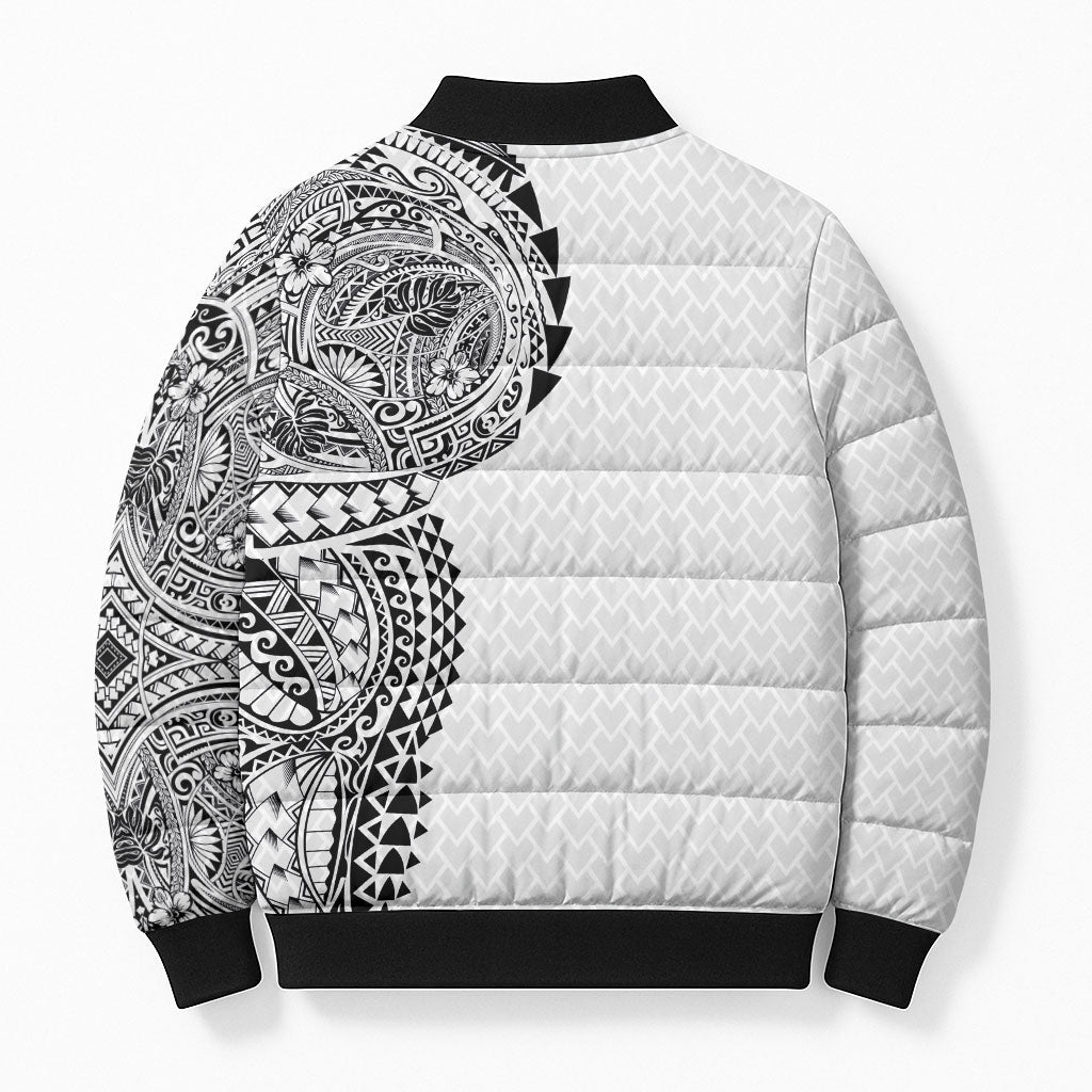 Hawaiian Traditional Tattoos Bomber Puffer Jacket Kakau Tribal Tropical Plant Motif White Color LT03 - Polynesian Pride