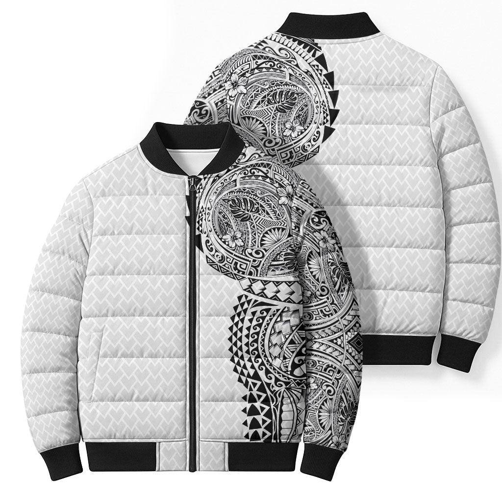 Hawaiian Traditional Tattoos Bomber Puffer Jacket Kakau Tribal Tropical Plant Motif White Color LT03 - Polynesian Pride