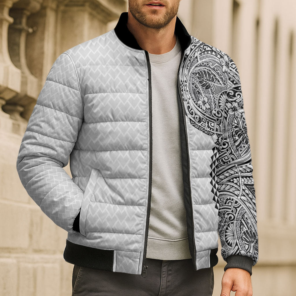 Hawaiian Traditional Tattoos Bomber Puffer Jacket Kakau Tribal Tropical Plant Motif White Color LT03 - Polynesian Pride