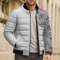 Hawaiian Traditional Tattoos Bomber Puffer Jacket Kakau Tribal Tropical Plant Motif White Color LT03 - Polynesian Pride