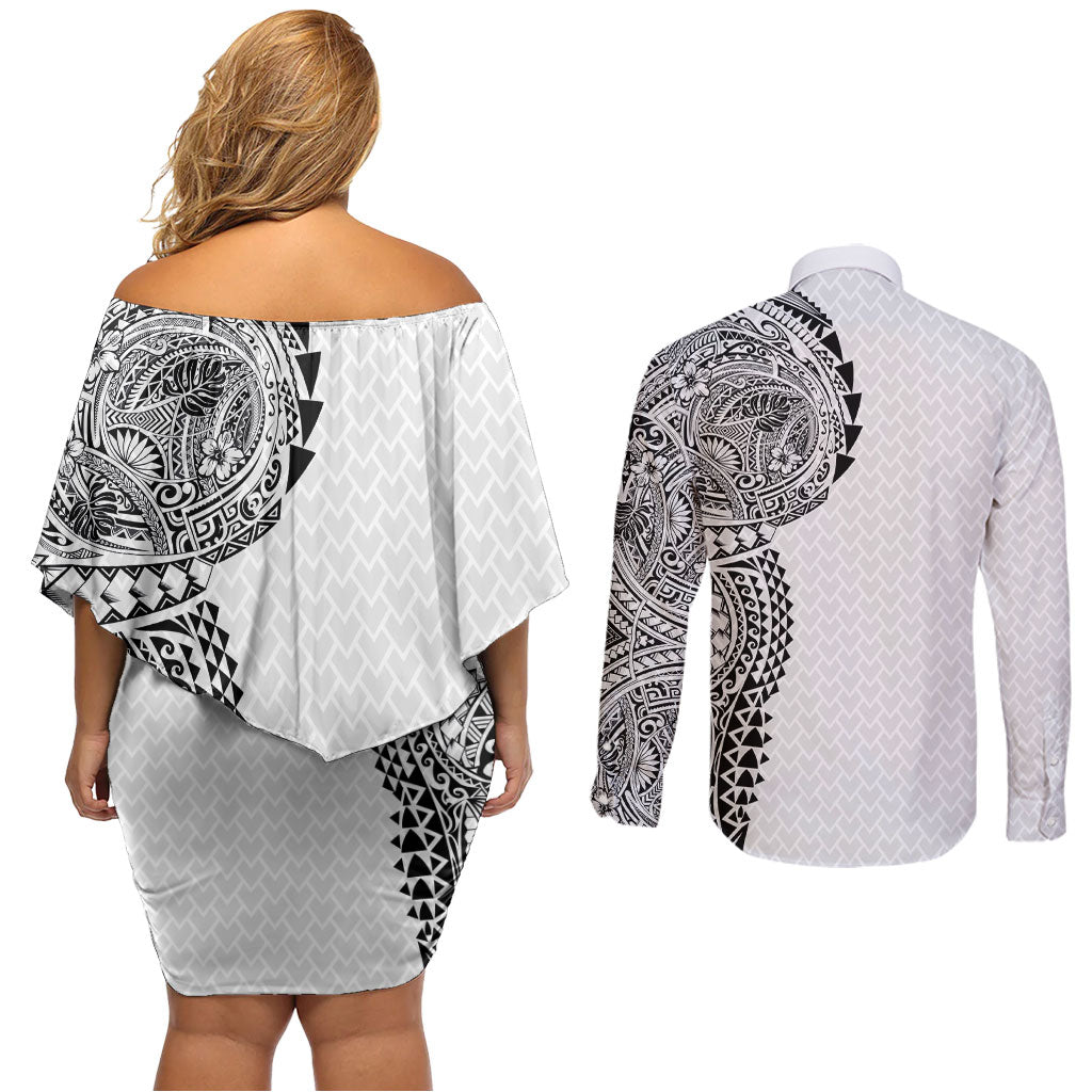 Hawaiian Traditional Tattoos Couples Matching Off Shoulder Short Dress and Long Sleeve Button Shirt Kakau Tribal Tropical Plant Motif White Color LT03 - Polynesian Pride