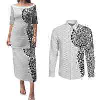 Hawaiian Traditional Tattoos Couples Matching Puletasi and Long Sleeve Button Shirt Kakau Tribal Tropical Plant Motif White Color LT03 White - Polynesian Pride