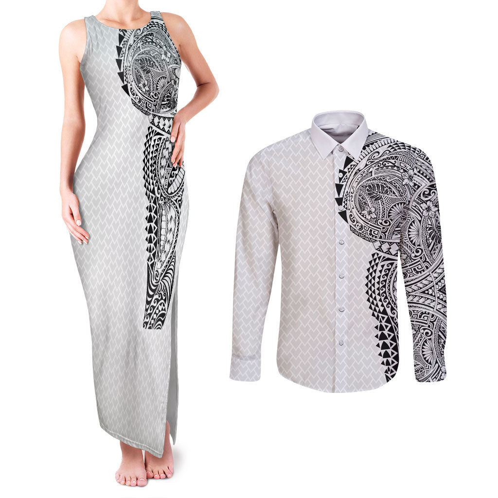 Hawaiian Traditional Tattoos Couples Matching Tank Maxi Dress and Long Sleeve Button Shirt Kakau Tribal Tropical Plant Motif White Color LT03 White - Polynesian Pride