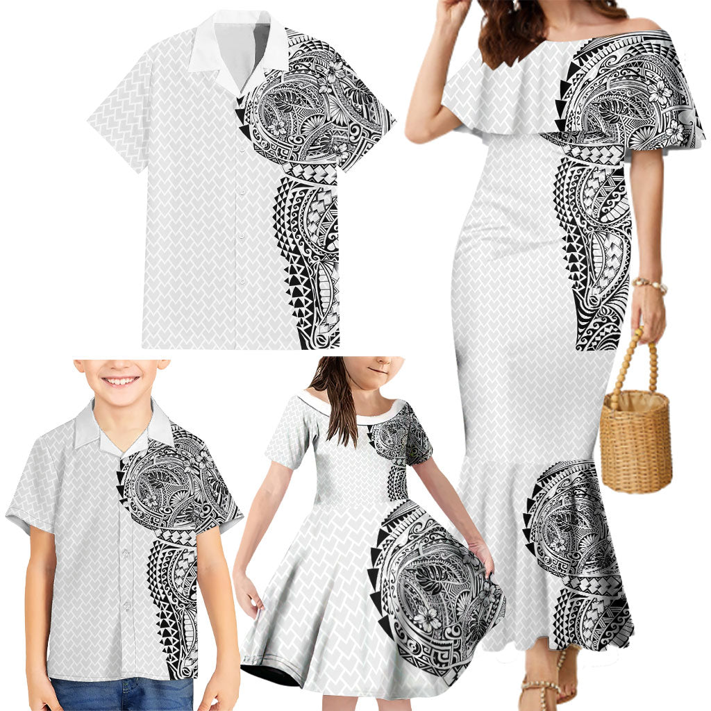 Hawaiian Traditional Tattoos Family Matching Mermaid Dress and Hawaiian Shirt Kakau Tribal Tropical Plant Motif White Color