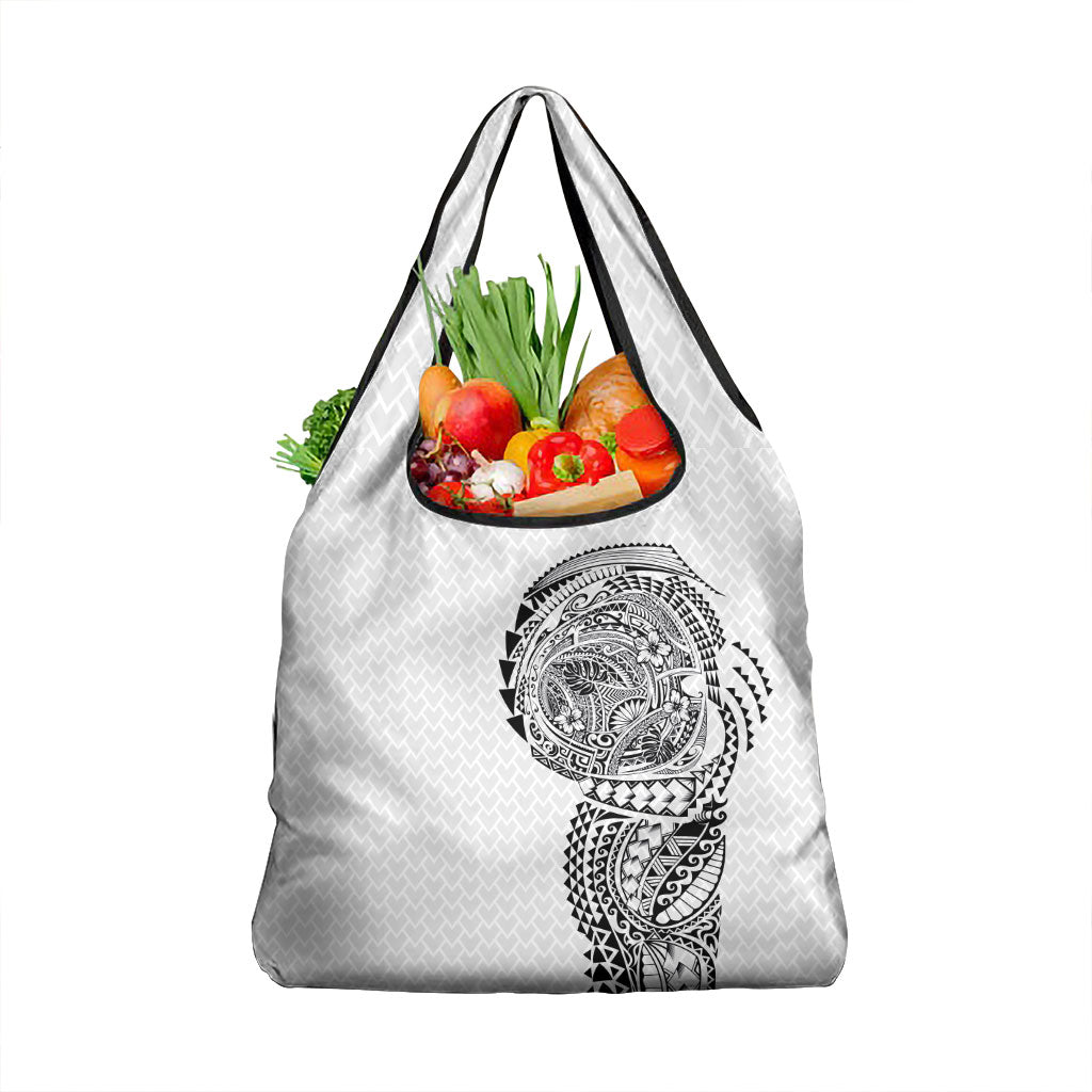 Hawaiian Traditional Tattoos Grocery Bag Kakau Tribal Tropical Plant Motif White Color