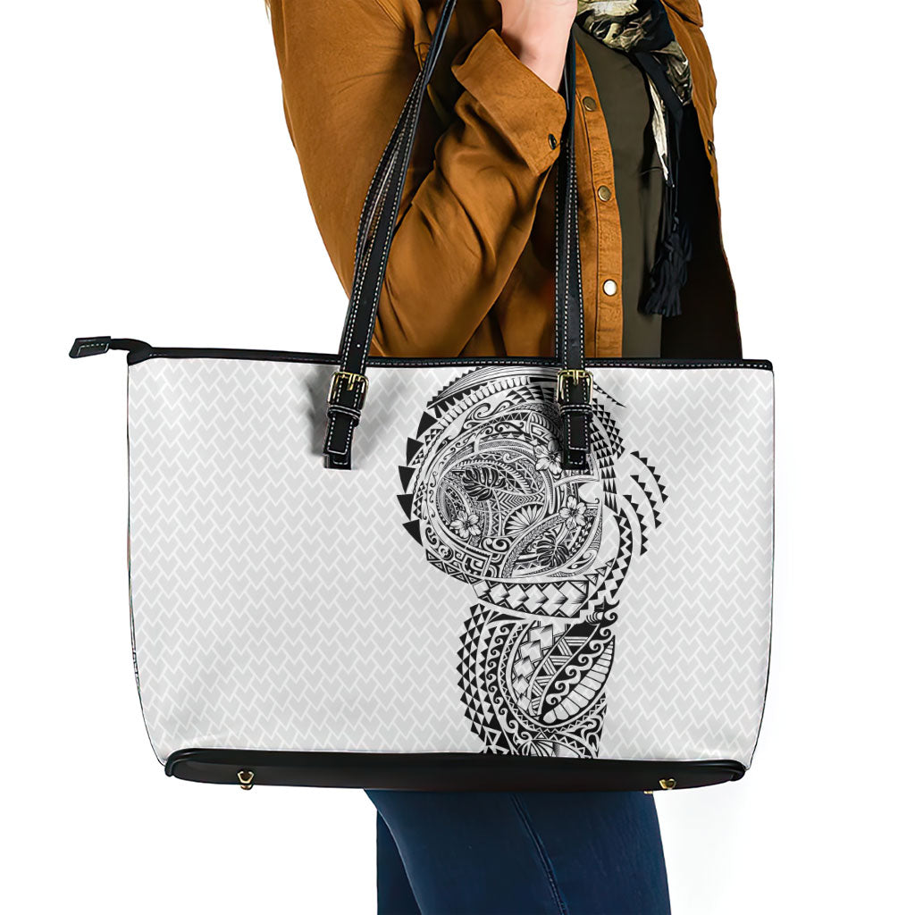 Hawaiian Traditional Tattoos Leather Tote Bag Kakau Tribal Tropical Plant Motif White Color LT03 - Polynesian Pride