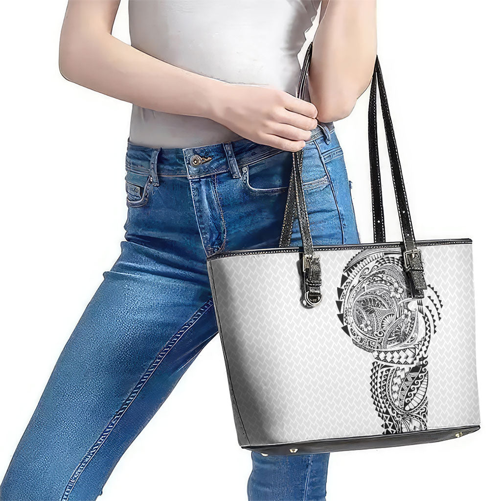 Hawaiian Traditional Tattoos Leather Tote Bag Kakau Tribal Tropical Plant Motif White Color LT03 - Polynesian Pride