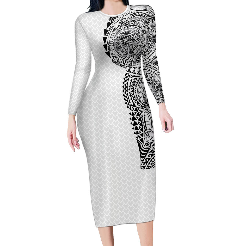 Hawaiian Traditional Tattoos Long Sleeve Bodycon Dress Kakau Tribal Tropical Plant Motif White Color
