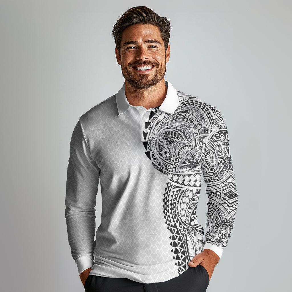 Hawaiian Traditional Tattoos Long Sleeve Polo Shirt Kakau Tribal Tropical Plant Motif White Color LT03 - Polynesian Pride