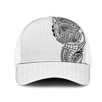 Hawaiian Traditional Tattoos Mesh Trucker Cap Kakau Tribal Tropical Plants Motif White Color