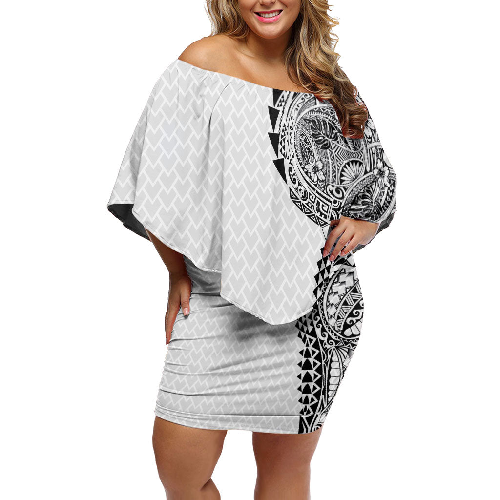Hawaiian Traditional Tattoos Off Shoulder Short Dress Kakau Tribal Tropical Plant Motif White Color LT03 Women White - Polynesian Pride
