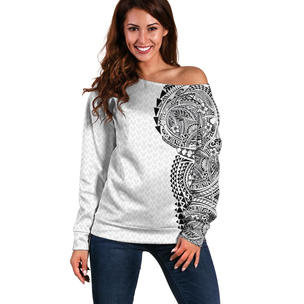 Hawaiian Traditional Tattoos Off Shoulder Sweater Kakau Tribal Tropical Plant Motif White Color